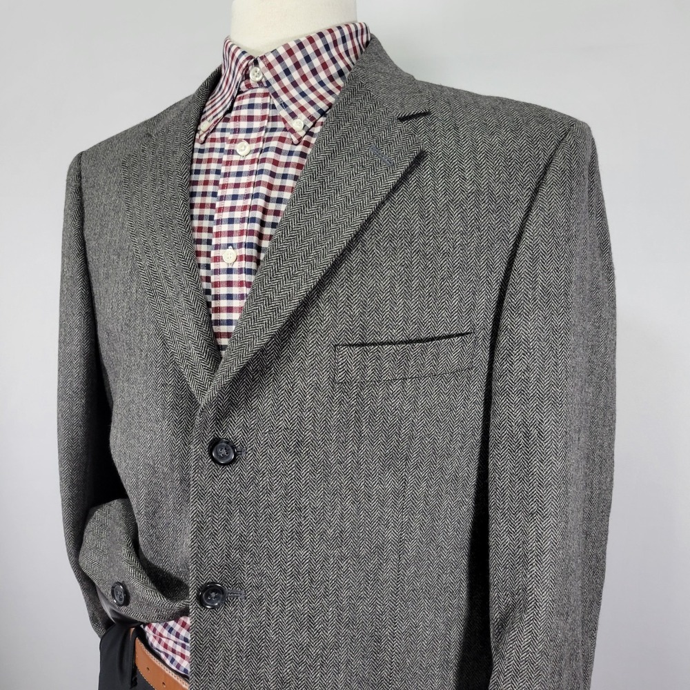 Stafford Essentials Mens Sport Coat Blazer Three Button GRY Herringbone Wool 42S - Picture 8 of 16